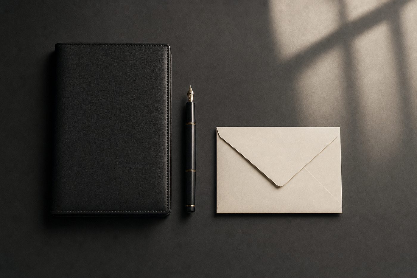 A closed leather folio, a fountain pen and a plain envelope on a dark desk