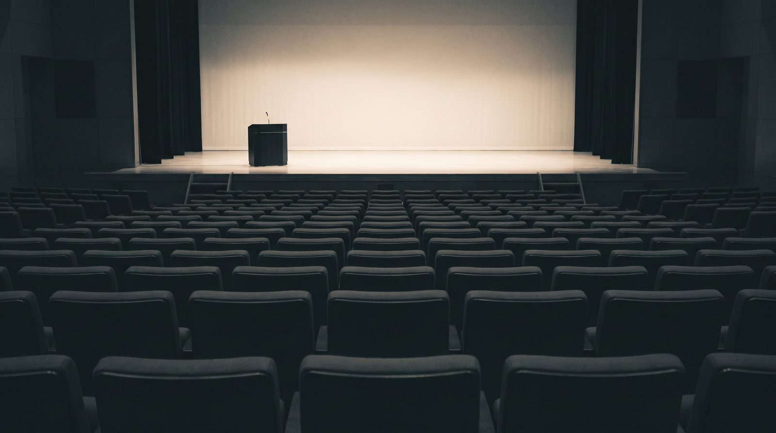 An empty auditorium facing a softly lit stage with a single lectern